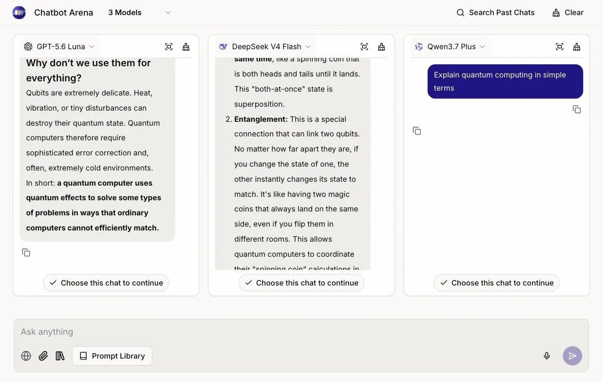 The AI+ Chatbot Arena running one prompt through three models: GPT-5.6 Luna and DeepSeek V4 Flash have answered, Qwen3.7 Plus is still writing, and every pane offers to continue the chat