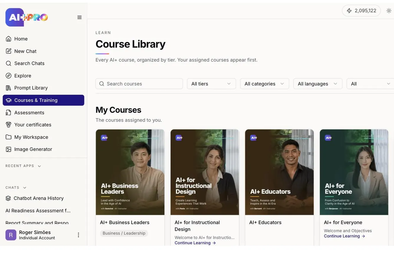 The AI+ workspace with Courses & Training open: the course library and its assigned courses sit in the same left-hand navigation as chat, the prompt library and the image generator