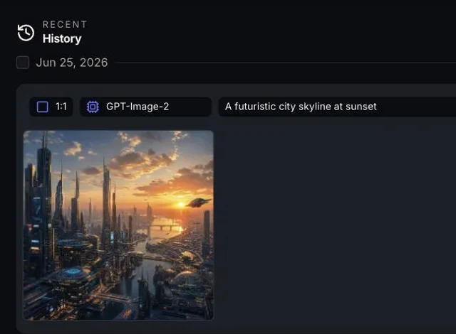The AI+ image generator: the prompt 'A futuristic city skyline at sunset', the model it ran on, and the finished image