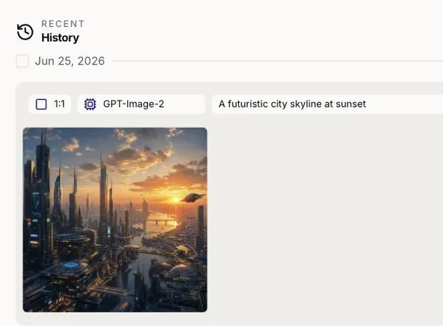 The AI+ image generator: the prompt 'A futuristic city skyline at sunset', the model it ran on, and the finished image