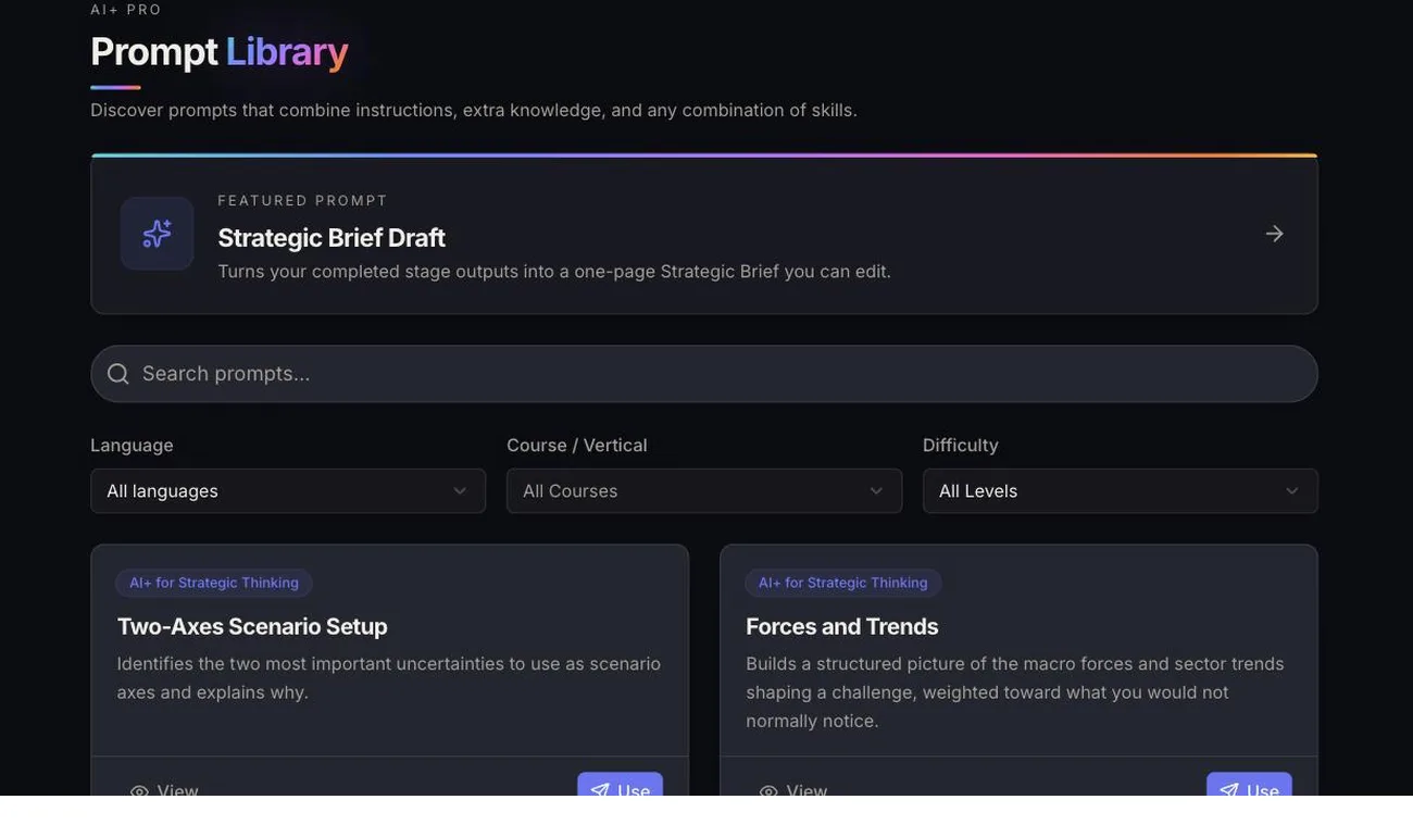 The AI+ prompt library: saved prompts tagged by course, filtered by language, course and difficulty