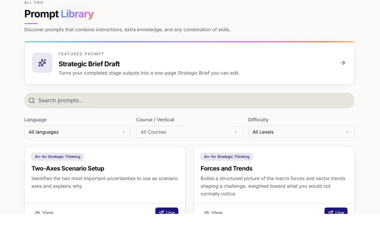 The AI+ prompt library: saved prompts tagged by course, filtered by language, course and difficulty