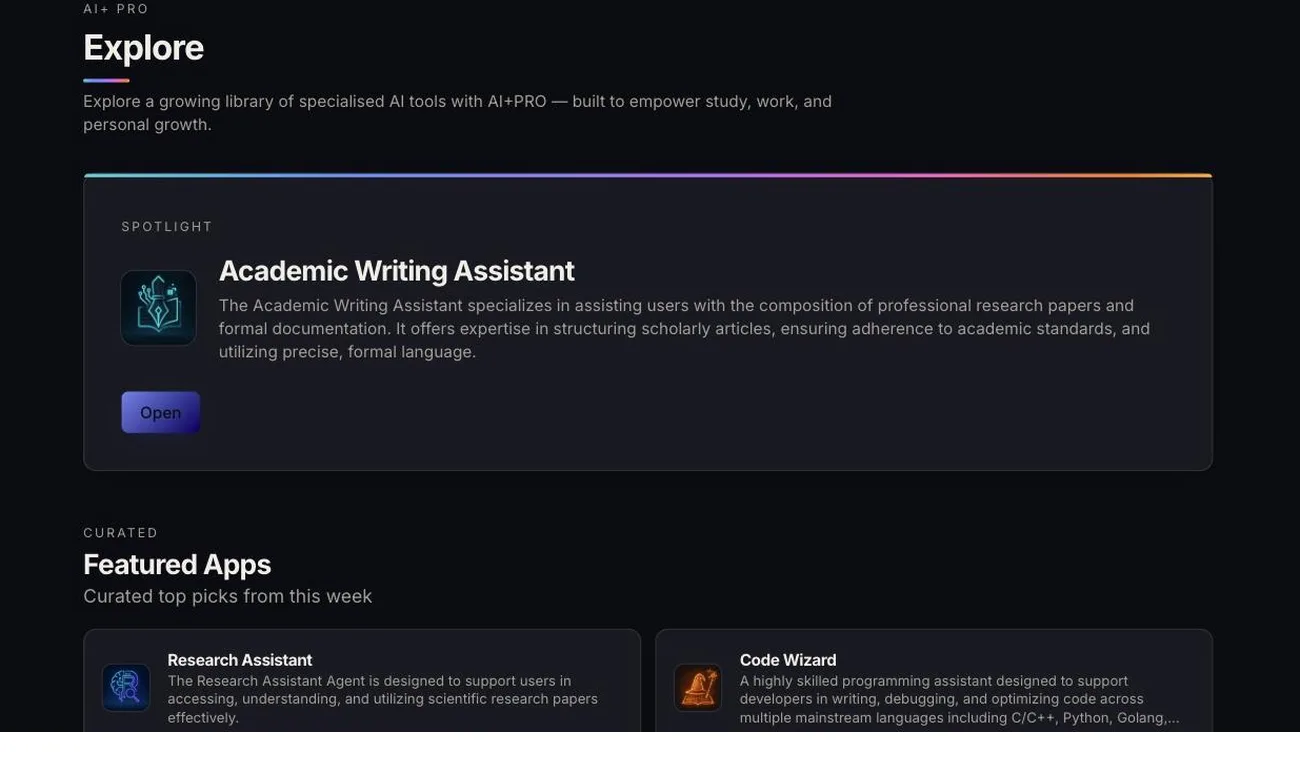 The AI+ Explore screen: a spotlighted Academic Writing Assistant app above a curated grid of featured apps