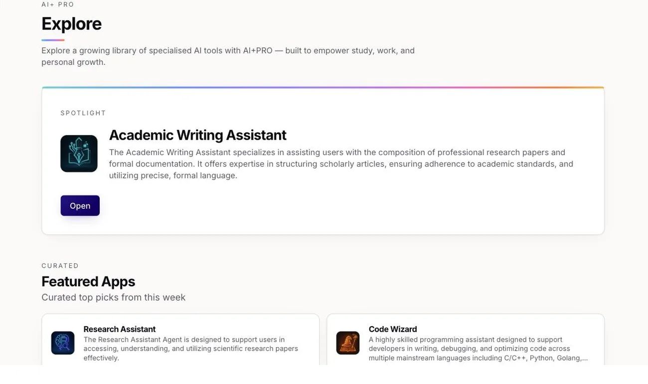 The AI+ Explore screen: a spotlighted Academic Writing Assistant app above a curated grid of featured apps