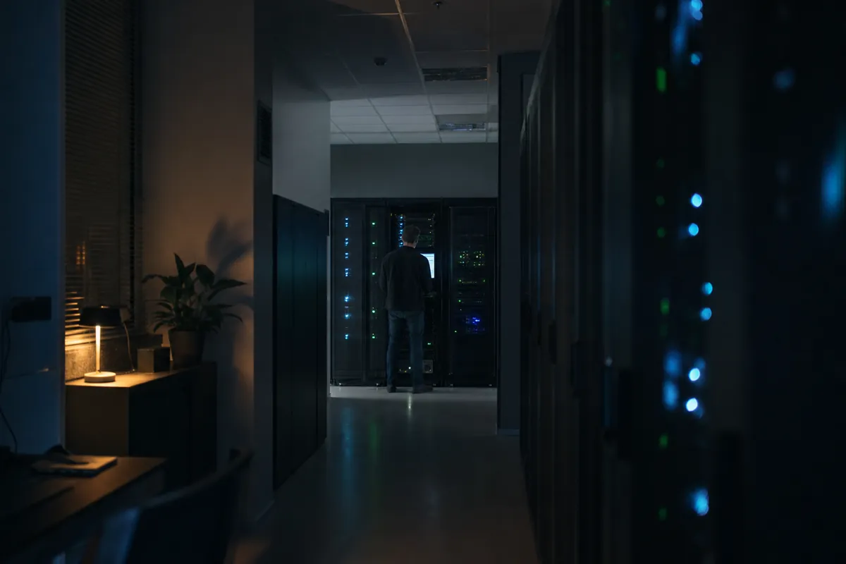An engineer at the end of a server aisle at night, checking a rack in a private, dimly lit operations room