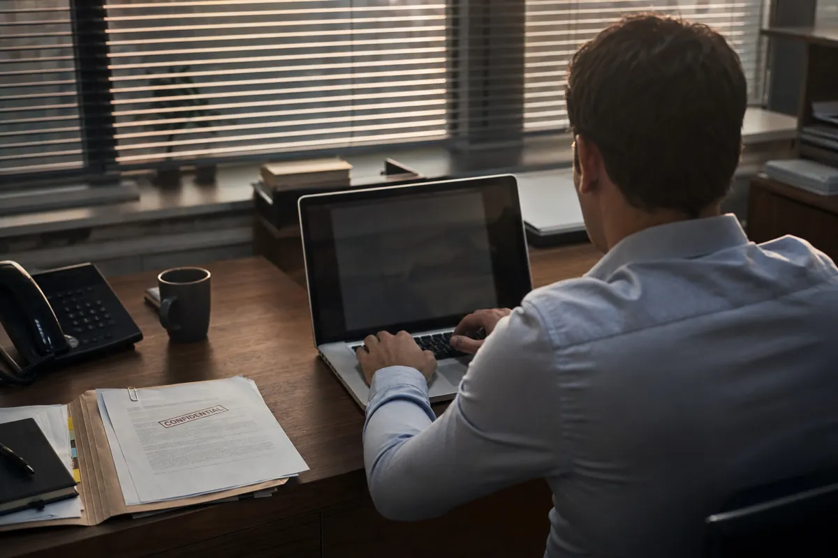 An office worker at their desk late in the day, typing into a laptop with a confidential printed document open beside the keyboard